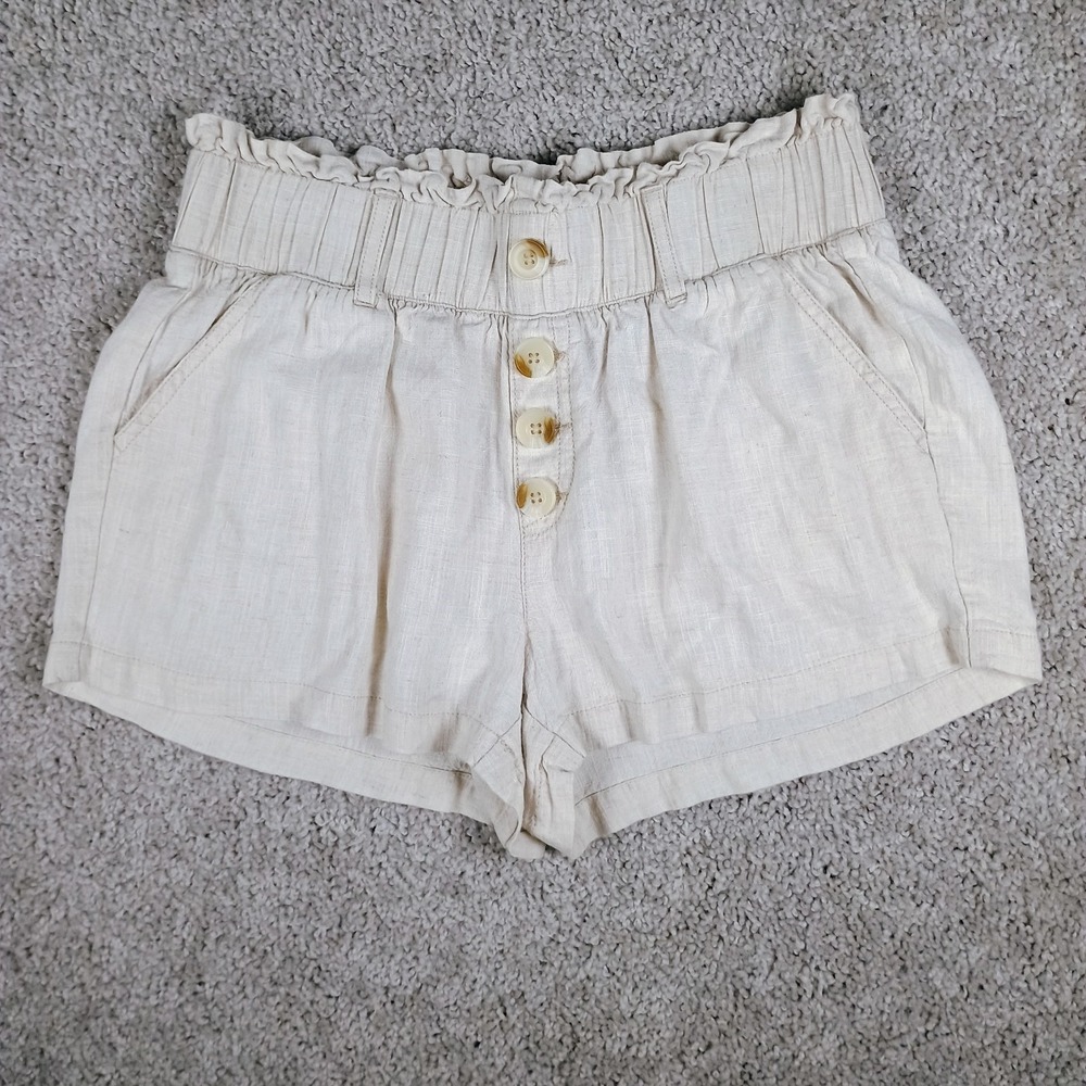 Rewash Linen Blend Smocked Waist Drawstring Shorts Ivory M Casual Stretch